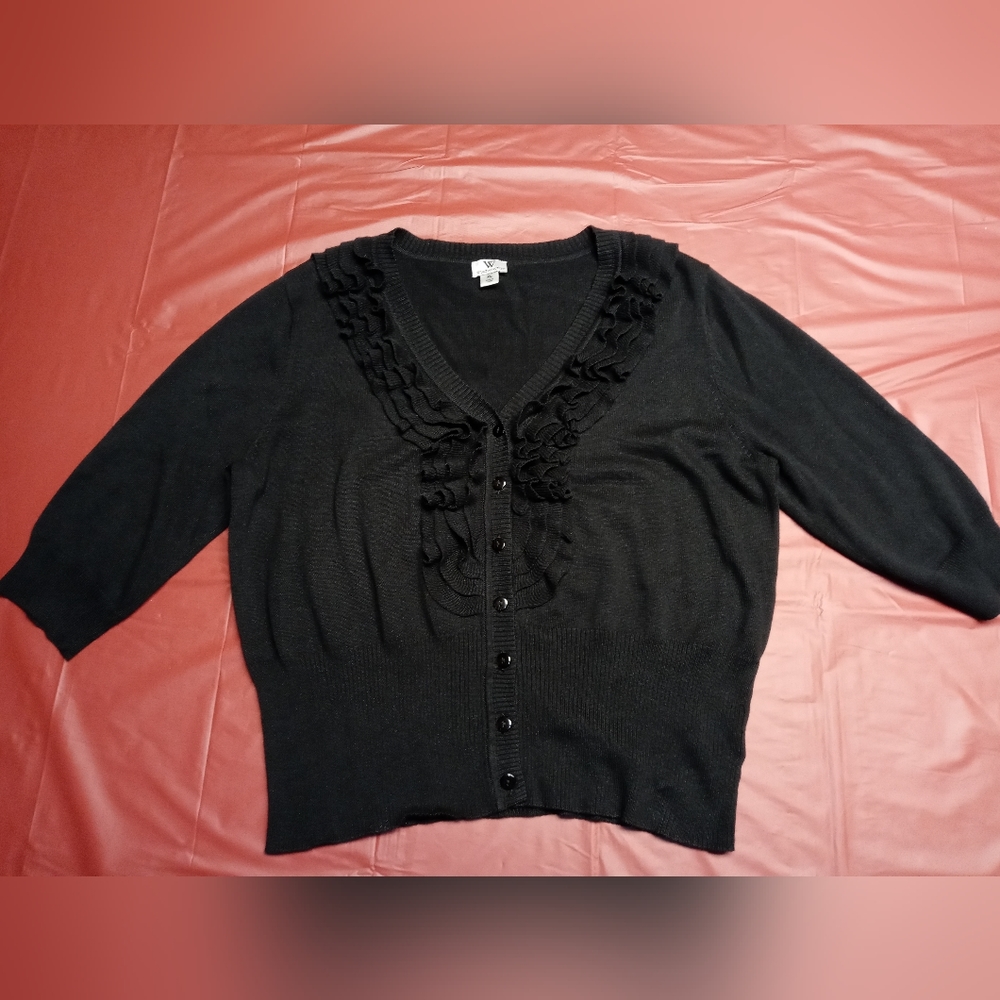 Worthington Black Cardigan Ruffled V-Neck Bttn Front szXL Cttn/Rayon Like New